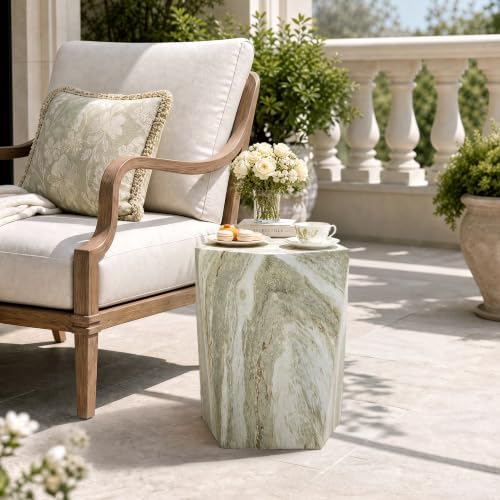 18" Pentagonal Concrete Side Table, Green Marble-Look Accent End Table