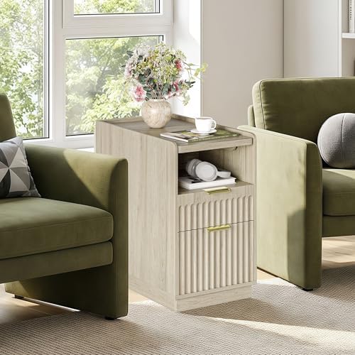 iPormis Fluted Narrow End Table with Charging, 2-Drawer Nightstand, Natural