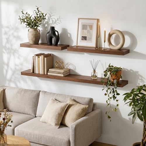 fuqing 40 Inch Floating Shelves 6.7'' Deep Dark Wood Wall Shelves Set of 2