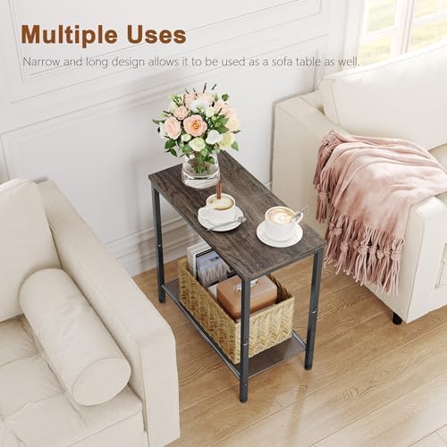 Hoctieon 2 Tier End Table, Sofa Side Table, Narrow Side Table with Storage, Slim Nightstand for Small Spaces, Metal Frame, for Living Room, Bedroom, Sofa Couch, Hall, Grey