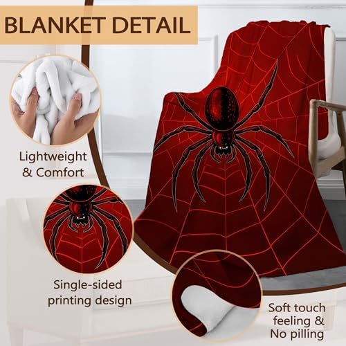 Halloween Spider Sofa Throw Blankets,Red Spider Web Soft Cozy Fuzzy Lightweight Travel Blanket,Flannel Fleece Fall Throw Blanket for Couch,Bed,Camping,Movie Nights,Watching TV 60 X 80 Inch