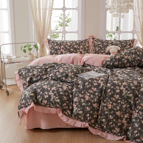 Floral Full Size Cotton Duvet Cover Set with 2 Pillowcases,80"×90"