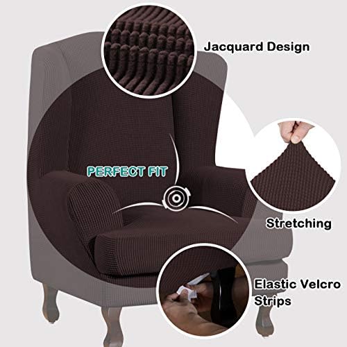 Turquoize Wingback Chair Covers 2 Piece Wing Chair Slipcover Stretch Slipcovers for Wingback Chairs Wing Chair Cover Spandex Jacquard Fabric with Elastic Bottom Non-Slip Furniture Cover, Brown