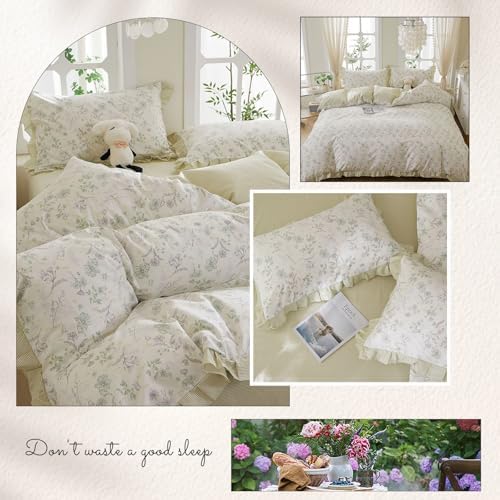 HighBuy Farmhouse 100% Cotton Duvet Cover Full Size,Lavender Floral Ruffle Lace Design Comforter Cover with 2 Pillowcases,Reversible Green Striped Duvet Cover Set Coquette Soft