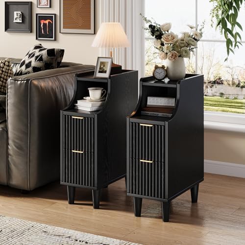 Fluted Nightstands Set of 2,Narrow Bedside Table with 2 Drawers & Storage, Farmhouse Walnut End Table Modern Side Table for Bedroom Livingroom Sofa Office, Small Space