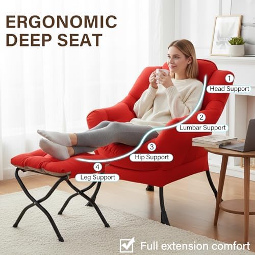 Welnow Lazy Chair with Ottoman, Reading Chair with Footrest,Red