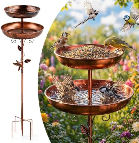 2-in-1 Tall Bird Bath and Feeder for Outdoors, Adjustable Metal Standing Bird Feeder with 5-Prong Base, Antique Copper Finish Rust Proof Water Bowl & Seed Tray Station for Garden Yard Patio Decor