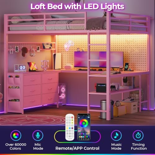 ADORNEVE Loft Bed Full Size with U-Shaped Desk, 6 Storage Drawers, Pink