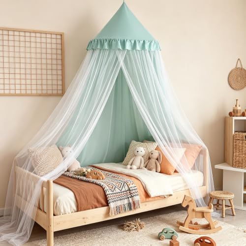 Kertnic Princess Bed Canopy for Girls, Double Layer Round Bed Mosquito Net, 31.5" Large Dome Indoor Castle Bed Tent, Sleeping & Reading Nook Curtain for Boys Girls (Green)