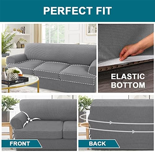 Turquoize 4 Piece T Cushion Sofa Slipcovers Stretch Couch Cover Furniture Covers with 3 Individual T Cushion Covers, Machine Washable (3 Cushion Sofa, Dove)