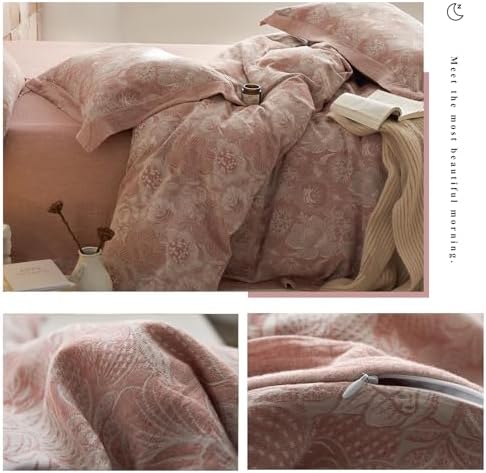 Blush Pink Flower Duvet Cover Set Queen,3 Pieces Retro Jacquard Pink Floral Bedding Set,Linen Cotton Yarn-Dyed Textured Duvet Cover with Zipper Closure