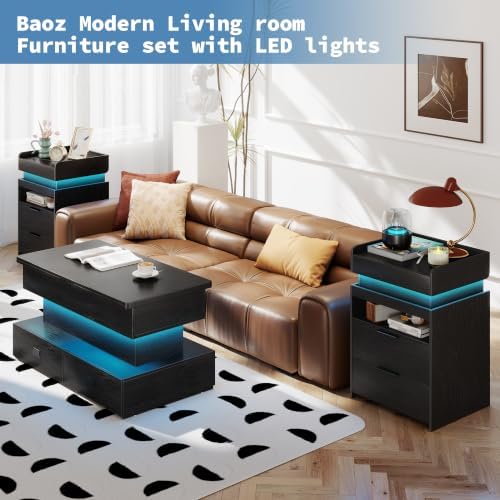 Baoz 28" Tall Modern Nightstand with Charging Station & LED Lights, Black