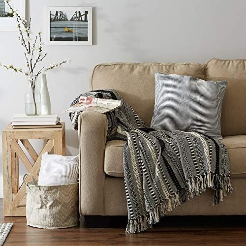 DII Braided Striped Decorative Throw Blanket, 50x60, Black (Pack of 12)