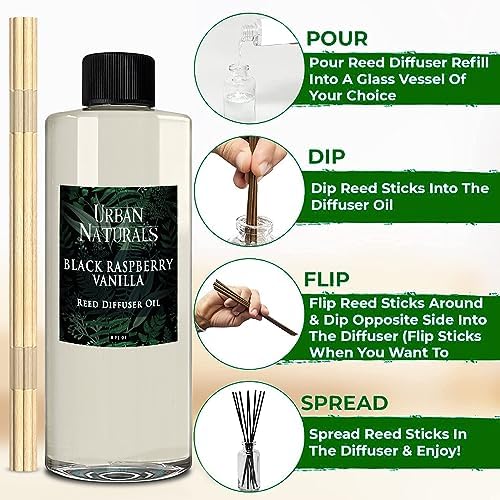 Urban Naturals Reed Diffuser Oil Refill Black Raspberry Vanilla with BlackBerry, Raspberry, Vanilla Orchid, Amber, Sandalwood 8 oz + Free Reed Sticks, Made in the USA