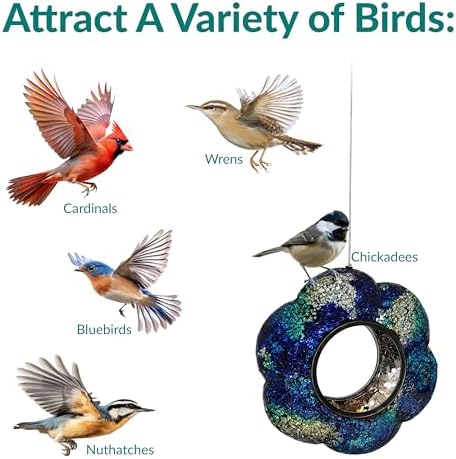 Sunnydaze Mosaic Glass Bird Feeder for Outdoors, Indigo Flower Mosaic