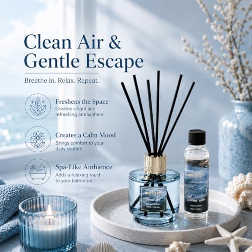 Airkeep Reed Diffuser Set with Refill & 8 Reed Sticks, 6.96 fl oz Ocean Air Home Fragrance, Long Lasting Aromatherapy Diffuser for Bedroom, Bathroom & Living Room