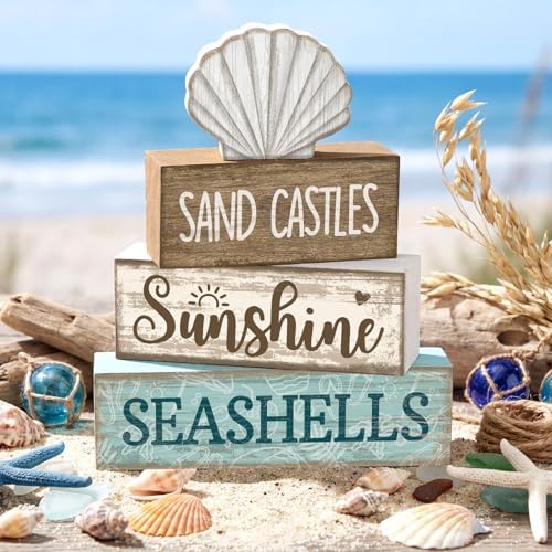 Yuntau 4 Pcs Summer Decorations for Home Beach Block Sign Seashell Display