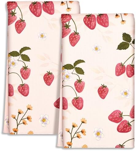Miss Adola Cute Kitchen Towels Set of 2, 18 x 26 Inch, Strawberry