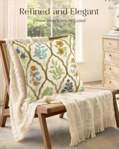 Embroidered Floral Throw Pillow Cover 20x20 Inch, Verdant Blooms