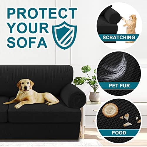 Turquoize 4 Piece T Cushion Sofa Slipcovers Stretch Couch Cover Furniture Covers with 3 Individual T Cushion Covers, Machine Washable (3 Cushion Sofa, Black)