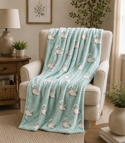 Soft Fleece Throw Blanket, Farmhouse Elegant White Swans Aqua, 50x70