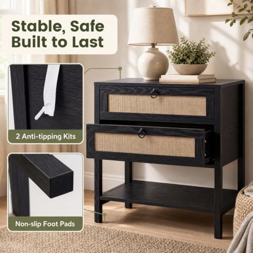 GIANTEX Rattan Nightstand Set 2 with 2 Drawers, 27" Wide Boho Bedside Table