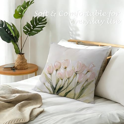 Vintage Pastel Tulip Floral Lumbar Pillow Cover 18x18 Double-Sided, Farmhouse Spring Decor, Abstract Floral Botanical Decorative Throw Pillow Cover for Living Room Home Bedroom