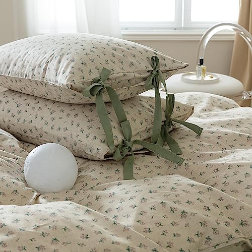mixinni Country Style Duvet Cover Queen Size - Cottagecore Green Floral Vintage Bedding 3PC with Bow Ties Pillowcases, 100% Cotton Soft Aesthetic Boho Comforter Cover for Girls-Queen Size