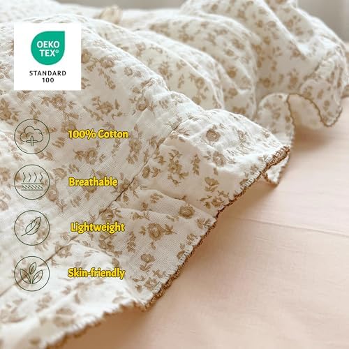 Camellia Floral Muslin Duvet Cover Queen with Ruffles, No Pillows