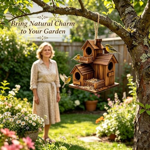 Wooden Bird Houses for Outside, 3 Compartments Villa Hanging Birdhouse, Carbonized Pine Nesting Box for Bluebird Wren Finch Backyard Garden Decor
