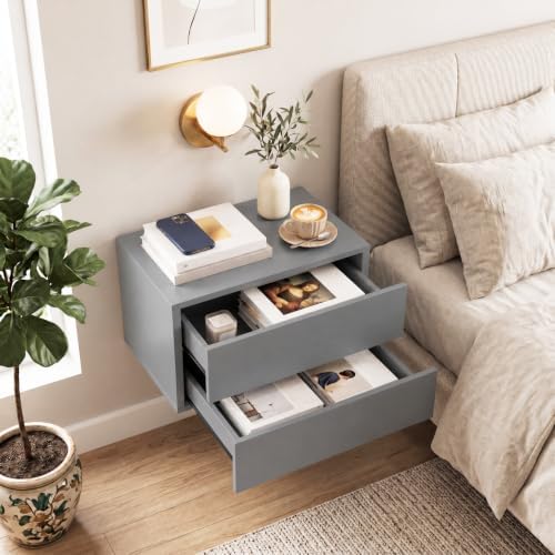 GIANTEX Floating Nightstand, Wall-Mounted Bedside Table with 2 Drawers