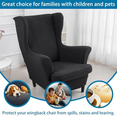 HZDHCLH Wingback Chair Slipcovers 2 Piece Stretch Spandex Chair Covers Washable Armchair Protector with Elastic Fit for Living Room Bedroom Black Embossed Leaf Pattern