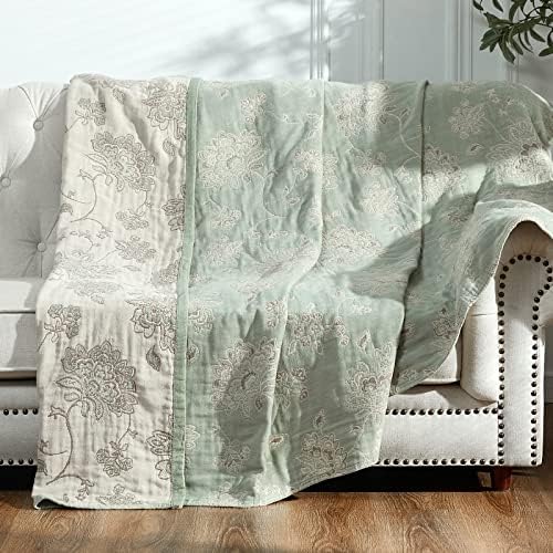 jinchan 100% Cotton Muslin Blanket Queen Boho Bed Blanket 80x90 Green/Beige