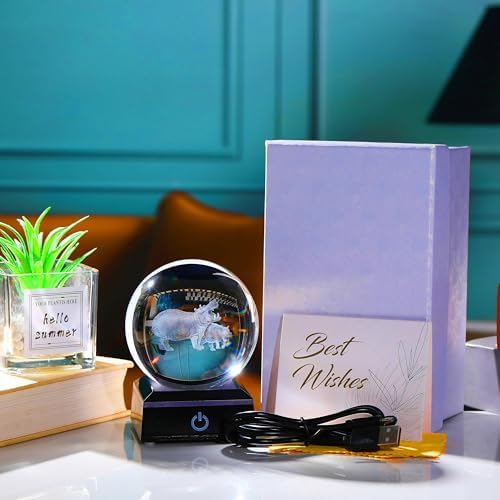 Hippopotamus Gifts for Women 3D Crystal Ball 3.14'' - Laser Hippopotamus Decor Glass Animals Hippo Gifts Figurines Statue Stuff for Room Decorations Hippo Night Light