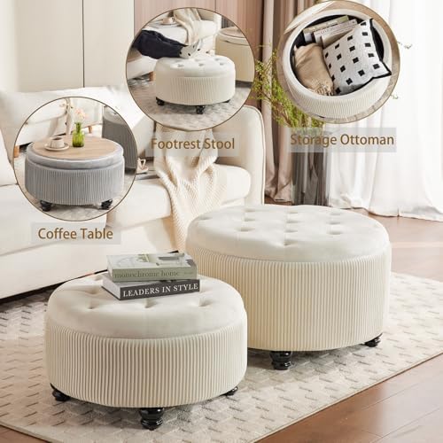 29'' & 24.5'' Round Storage Ottoman Coffee Table Set of 2, Off White
