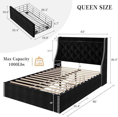 Upholstered Queen Bed Frame with 4 Storage Drawers, Wingback Headboard with Charging Station, Diamond Stitched Button Tufted Design, No Box Spring Needed, Black