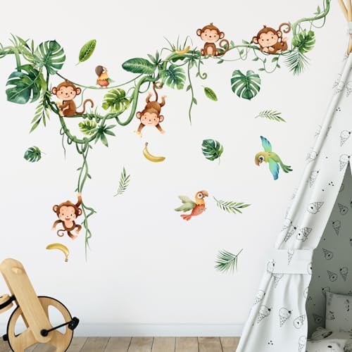 Monkey Climbing Tree Wall Decals Jungle Leaves Birds Wall Stickers