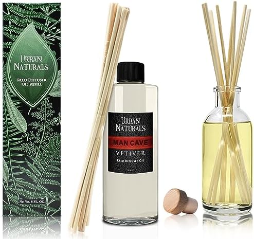 Urban Naturals Reed Diffuser Oil Refill Man Cave Vetiver with Oud, Amber, Frankincense 8 oz + Free Reed Sticks, Made in the USA