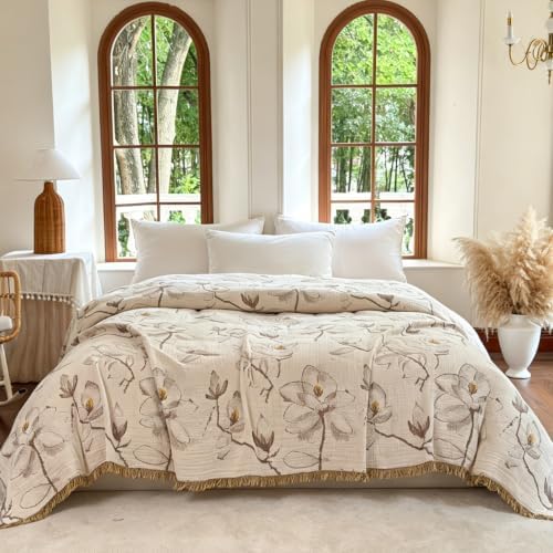 FALUCA Muslin Cotton Throw Blanket Boho Floral Jacquard with Fringe, 50 * 60 Magnolia Pattern, Reversible Soft Breathable Cover for Couch Sofa Bedroom Vintage Farmhouse Home Decorative, Beige&Brown