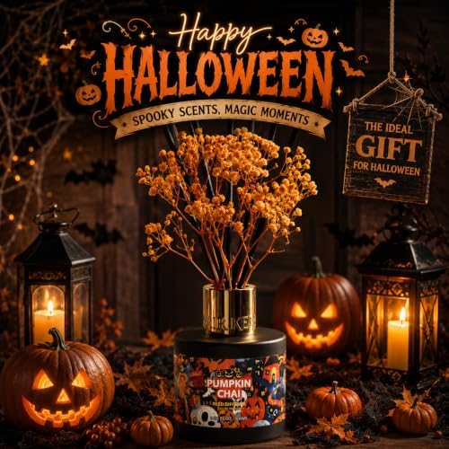 Airkeep Halloween Reed Diffuser Set,3.38 fl oz (100 ml) - Pumpkin Chai Oil Diffusers with 8 Reed Sticks, Home Fragrance Reed Diffuser for Bathroom Shelf Decor