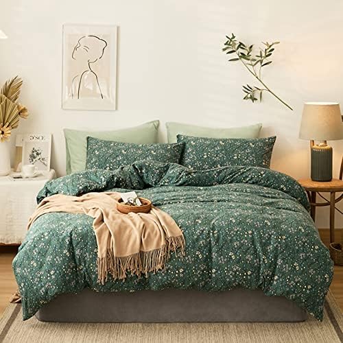 HighBuy Jersey Knit Cotton Duvet Cover Twin Green Floral Bedding Set 100% T-Shirt Comfy Bedding Sets Super Soft Garden Chic Knit Cotton Comforter Cover Twin Size