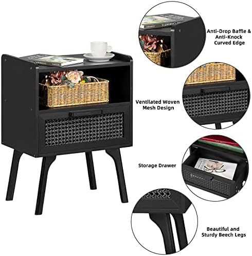 Lerliuo Rattan Nightstands Set of 2, Boho Side Table with Drawer Open Shelf