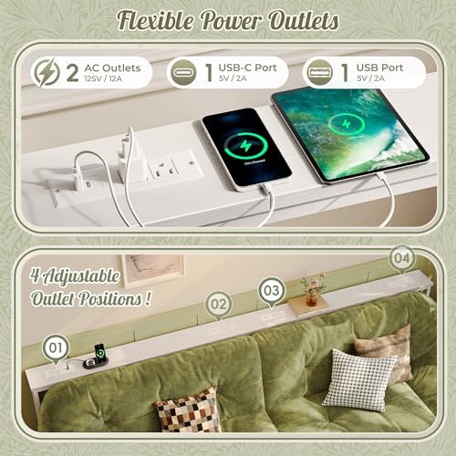 Huuger 110.2 Inch Sofa Table with Power Outlets, 23.9’’-34.4’’ Height Adjustable Range, Behind Couch Table with USB-C Ports, Sofa Tables Narrow Long, Skinny Console Table, for Small Spaces, White