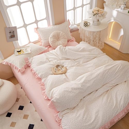 Pink Floral King Size Duvet Cover with Ruffle 100% Cotton Comforter Cover 3 Pcs, Teen Girls Chic Aesthetic Duvet Cover with Zipper Closure, Princess Bedding Sets 104"x90"