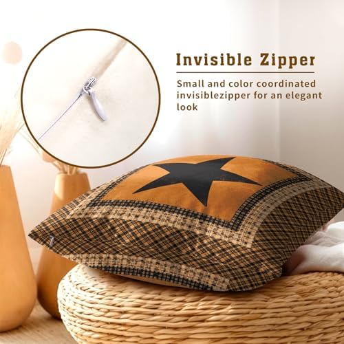 Western Throw Pillow Covers 20x20 Inch Set of 2 Brown Texas Star Decorative Pillowcase Vintage Farmhouse Retro Style Cotton Cushion Cover for Home Sofa Bedroom