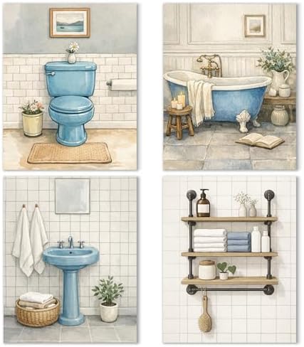 Noaleviax Blue Bathroom Posters Set - Rustic Watercolor Boho Wall Decor, Cuadros Para Baños, Vintage Bathroom Pictures Wall Art for Restroom Decor, 8x10 Unframed, Set of 4