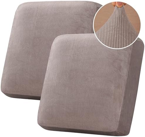 H.VERSAILTEX Velvet Stretch Couch Cushion Cover Plush Cushion Slipcover for Chair Loveseat Sofa Cushion Furniture Protector Seat Cushion Sofa Cover (2 Piece Large Sofa Cushion Covers, Taupe Striped)