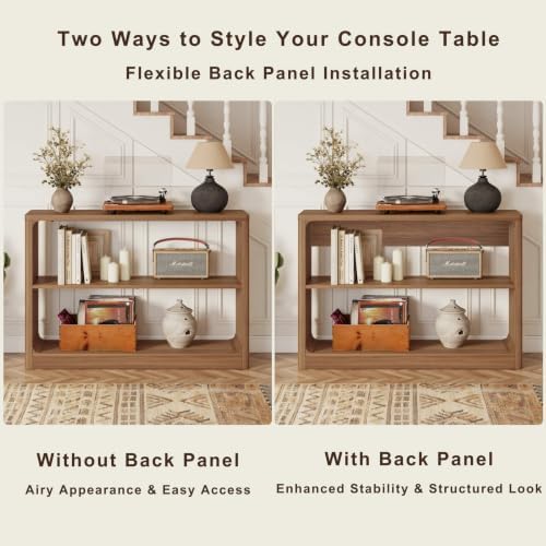 FATORRI Console Table with 3-Tier Storage Shelves, Rustic Farmhouse Sofa Tables for Behind Couch, Wooden Narrow Entryway Table for Living Room, Hallway (Walnut)