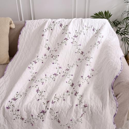 vctops 100% Cotton Quilted Throw Blanket 50x60 Inch Floral Embroidered Reversible Patchwork All Season Throw (Purple,50"x60")
