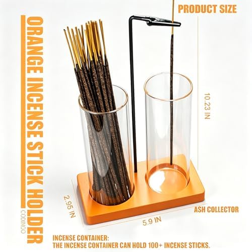 2 in 1 Incense Holder for Sticks Incense Burner Holder with Storage,Glass Upside Down Incense Holder for Sticks with Glass Ash Catcher for Meditation Yoga Spa Room Home Decor[2 Long Orange]